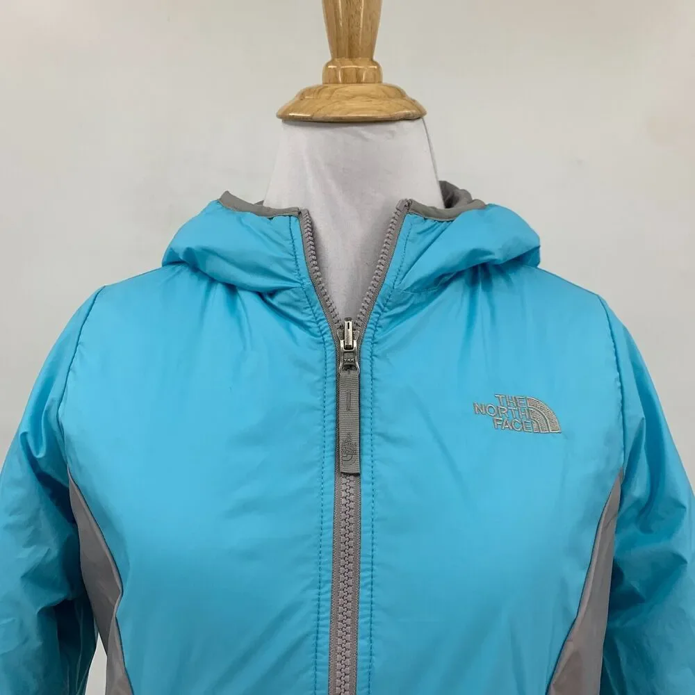 The North Face Reversible Jacket Girls Youth M Medium Aqua Grey Quilted Filled